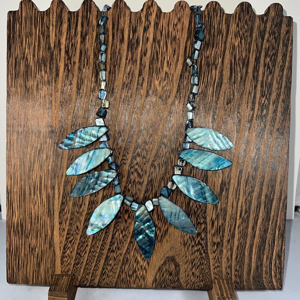 Handmade Iridescent Blue Abalone Shell Statement Necklace With Toggle Clasp Uniq